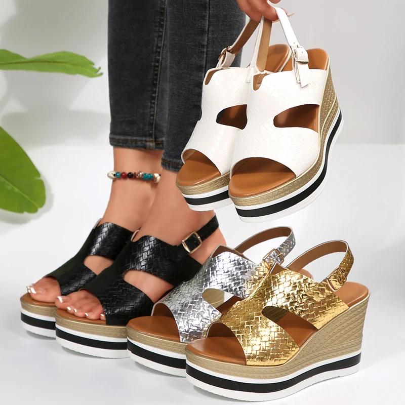 Gold Silver Wedge Heels Sandals for Women Summer Chunky Platform Gladiator Shoes Woman Fashion Thick Bottom Back Strap Sandalias