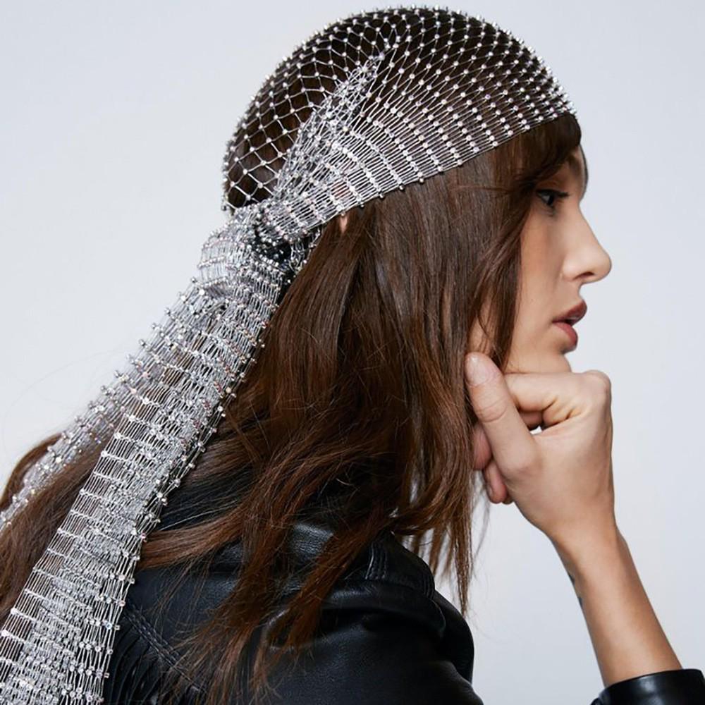 Rhinestone Fishnet Headscarf & Diamond Mask - Trendy Holiday Party Hat & Fashion Statement.