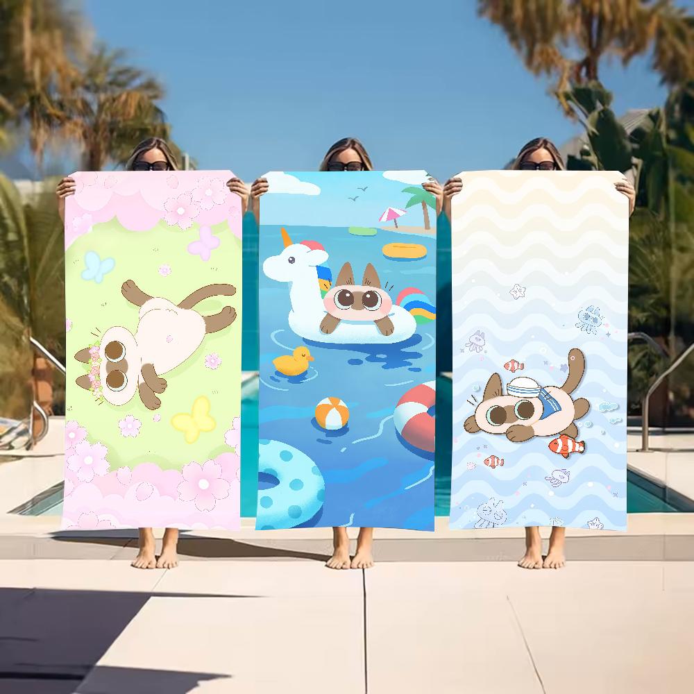 Kawaii A-Azuki Siamese Cat Towel Sports Quick Dry Travel Camping Gear Sandproof Soft Light Large Beach Towel