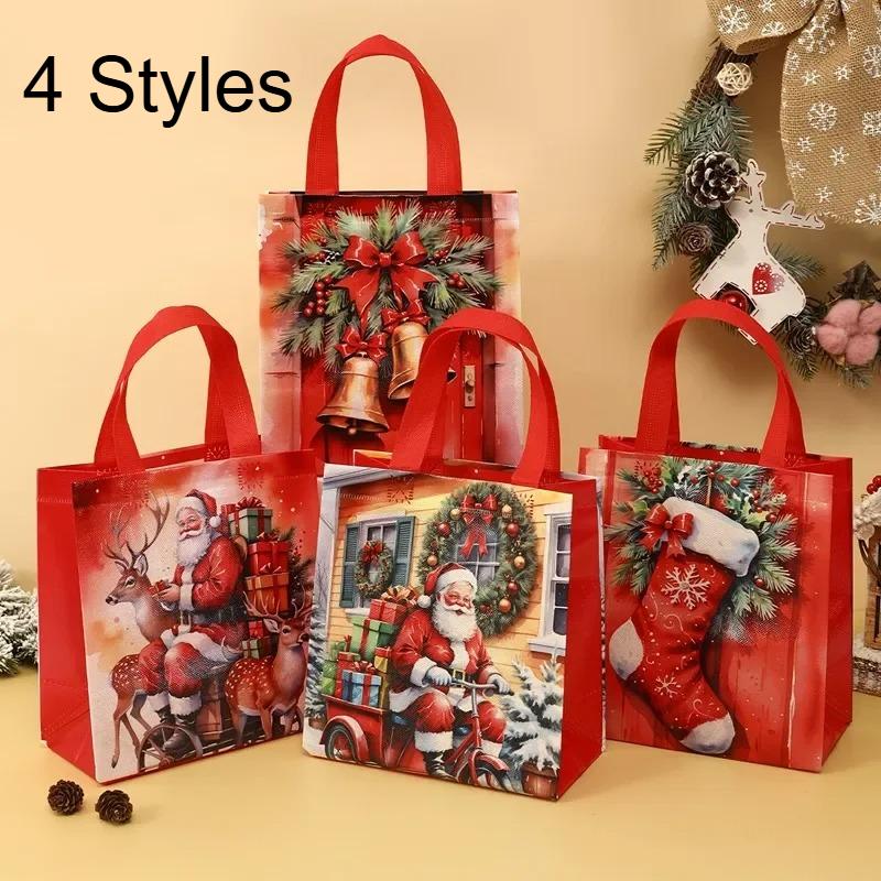 Set Regalo di Natale a 4 Pezzi con Design di Babbo Natale, Tessuto Non Tessuto Riutilizzabile e Manici Robusti