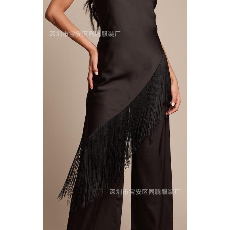 Spring and summer new casual professional satin suspender medium and long top fringed splicing women s trousers set S