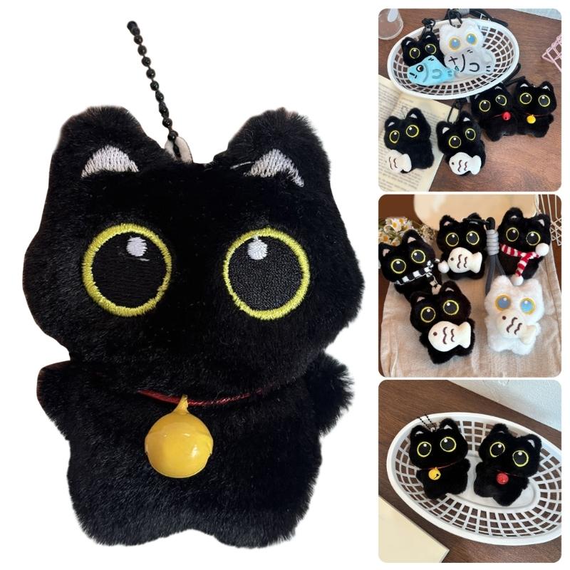 Adorable Plush Black Kitten Keychain With Bells And Fish Toy Christmas Tree Ornament Gift For Kids Birthday Decorations