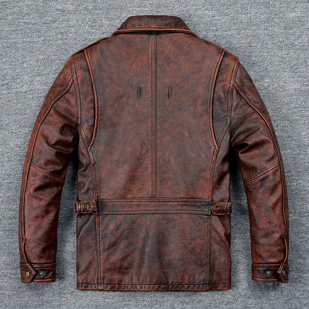 Vintage Red Brown M65 Hunting Jackets Black Genuine Cowhide Men Leather Jacket Pockets Men's Cow Coat Autumn