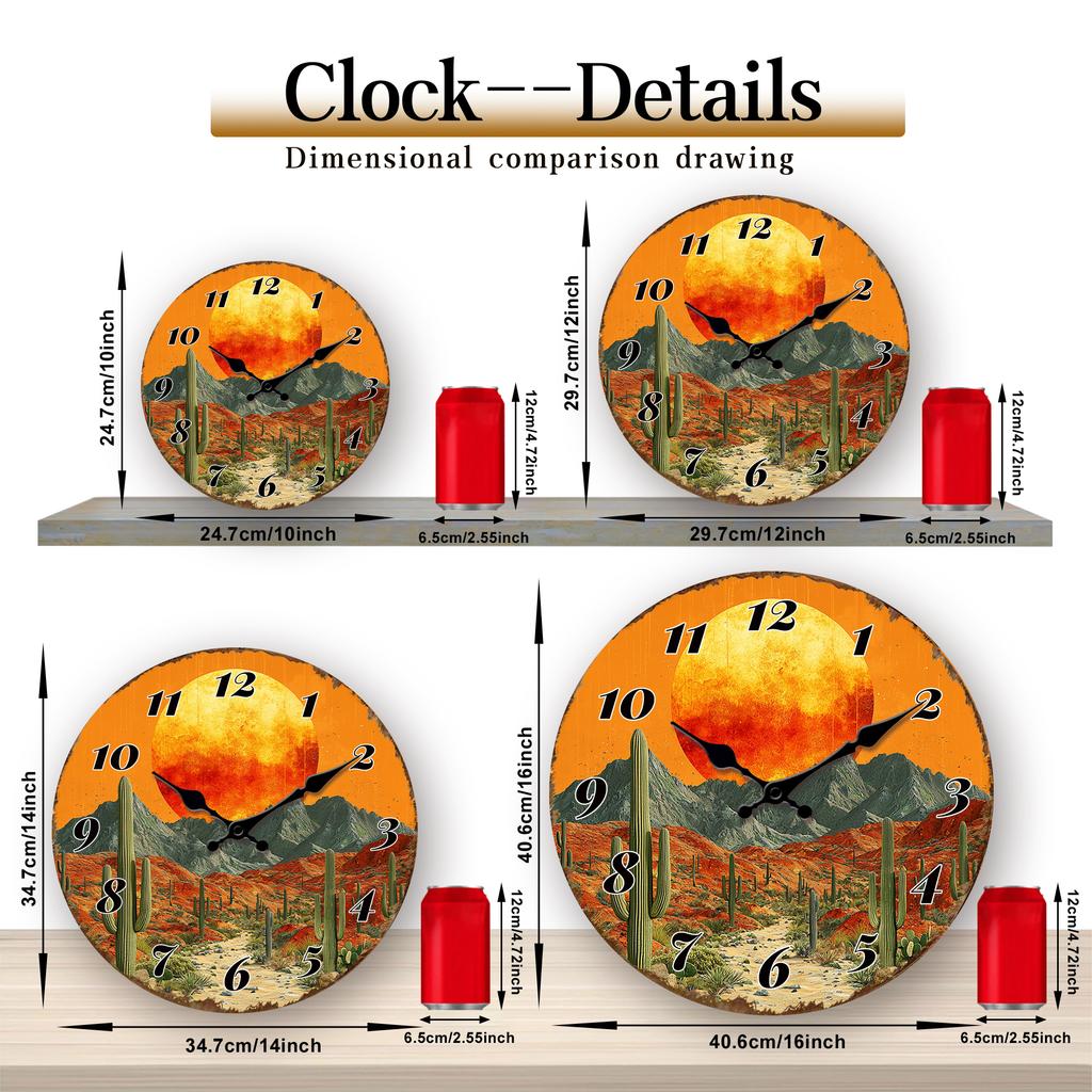 Desert Sunset Scene Round Wall Clock, Vibrant Cacti and Mountain Decorative Timepiece, Southwestern Style Clock for Home & Offic