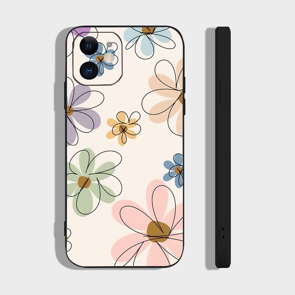 Flower Art For IPhone 15 16 14 Plus 13 12 11 17 Pro Max 17 Air Black Soft Phone Cover