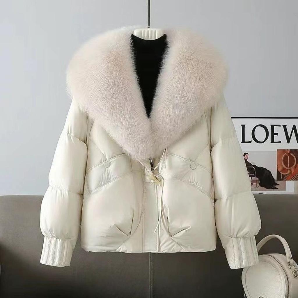 Kurze Damen-Pufferjacke mit luxuriösem Fuchsfellkragen, Warme Winter-Oberbekleidung