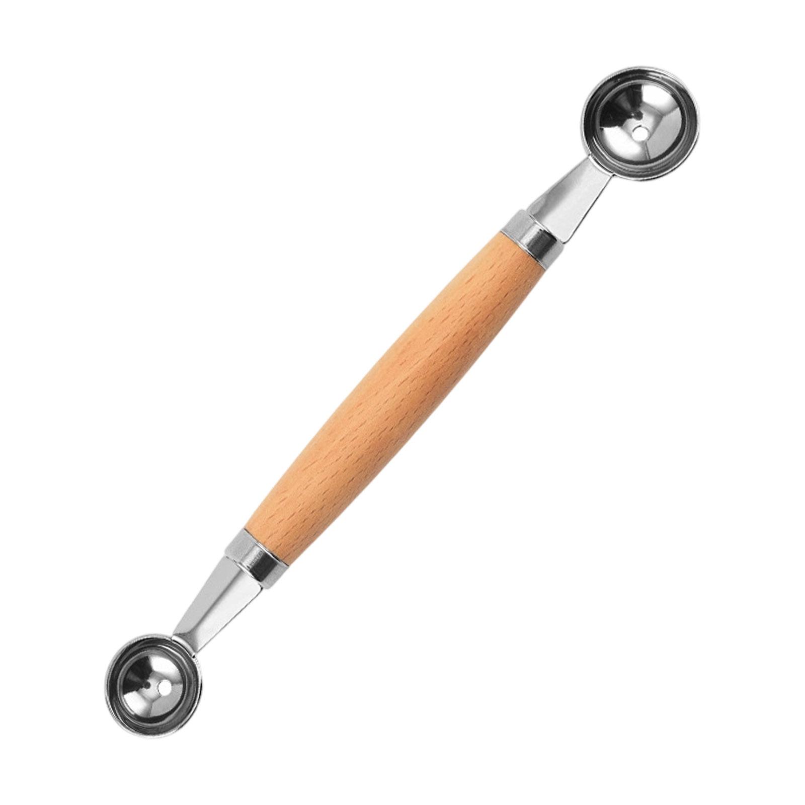Double Ended Stainless Steel Fruit Scoop with Wooden Handle Melon Baller and Fruit Separator Spoon for Kitchen Use One Size