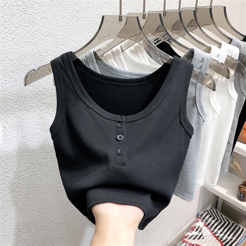 Tank Top Button Ribbed Crop Tops Women Summer Camis U-neck Camisole Fashion Casual Tube Female Sleeveless
