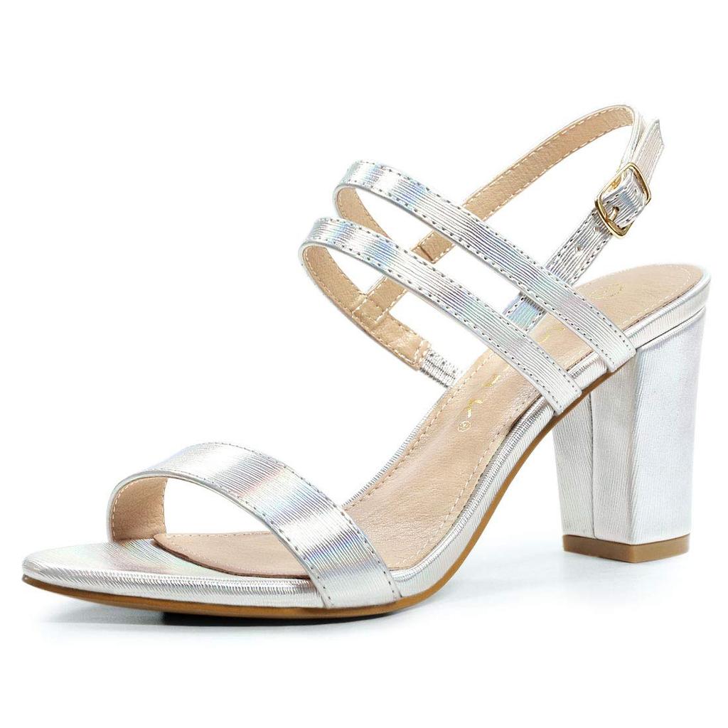 Allegra K Women's Slingback Ankle Strap Sandals with Chunky Block Heels, Silver, Size 27.0cm