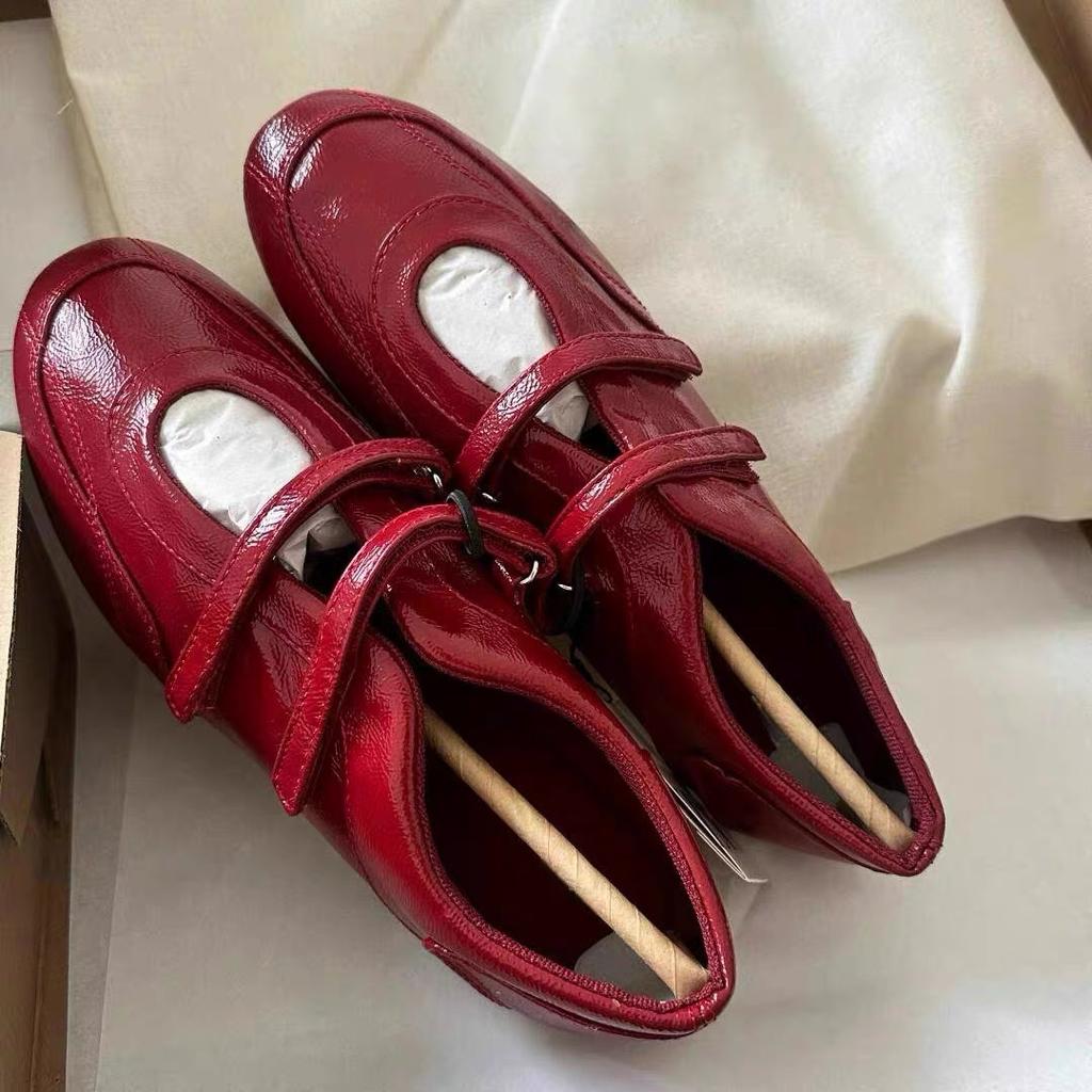 New Red Leather Ballet Mary Jane Single Shoes Women's Flat Sports Casual Moral Training Shoes