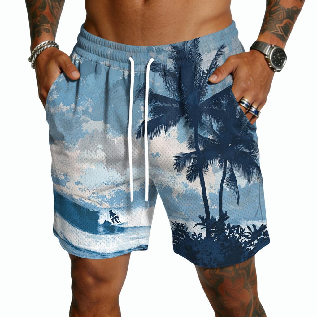 Mens Board Shorts with Drawstring Waist and Tropical Tree Print Quick Dry Swim Trunks for Beach Surf Sports
