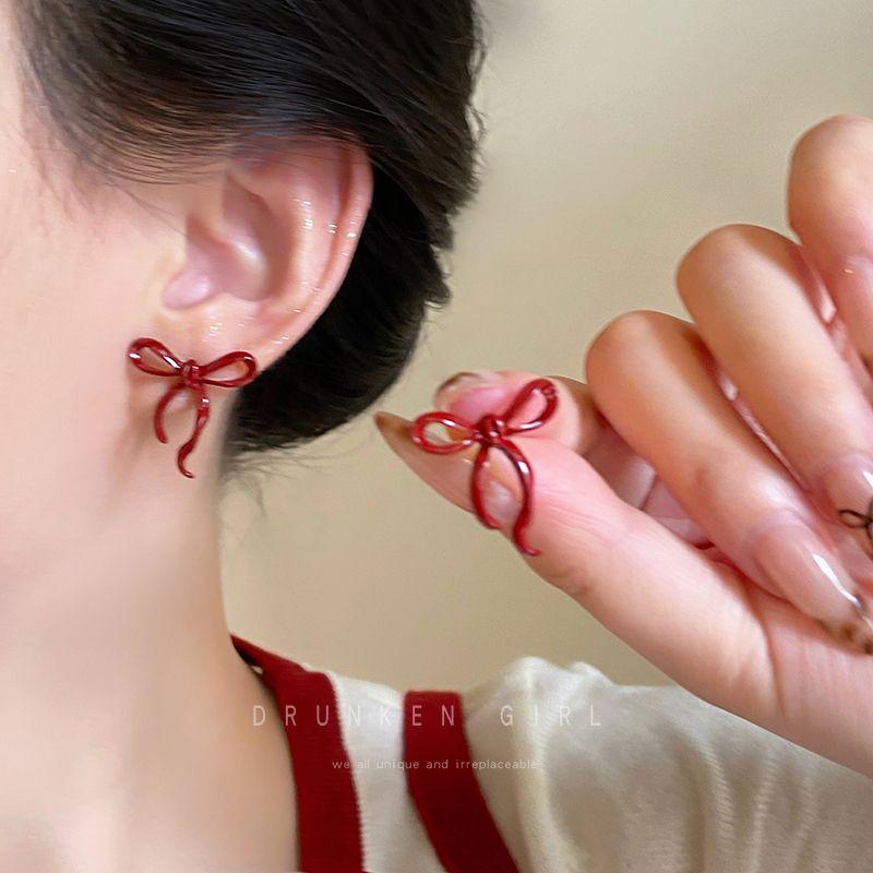 

Niche Style Ankela Red Female Autumn and Winter Earrings Bows Red Bows stud earrings