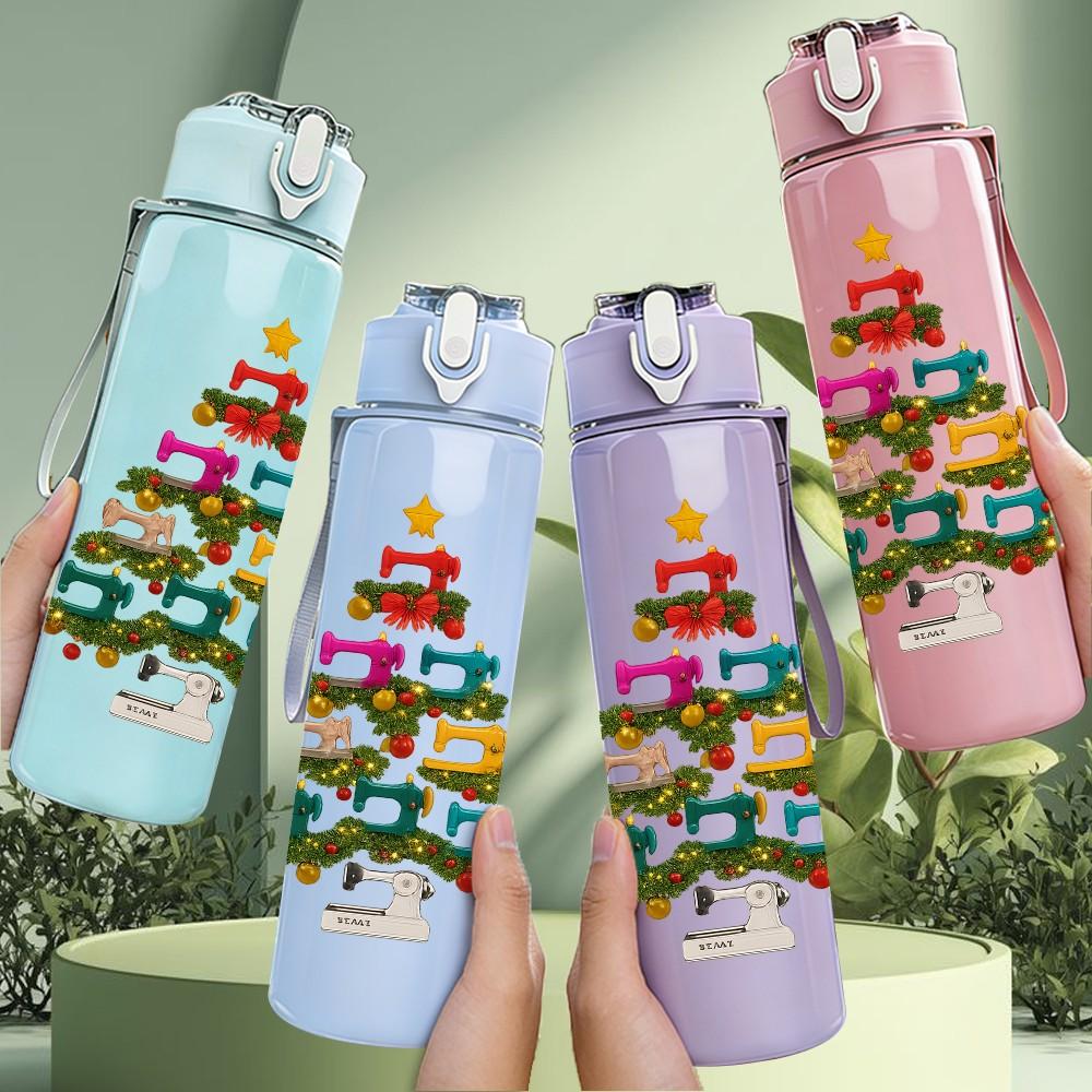 1PC Simple Christmas Tree Print 750ml Color Plastic Sports Water Bottle Leakproof Flip Straw Lid Suitable for Sports Office Home Use