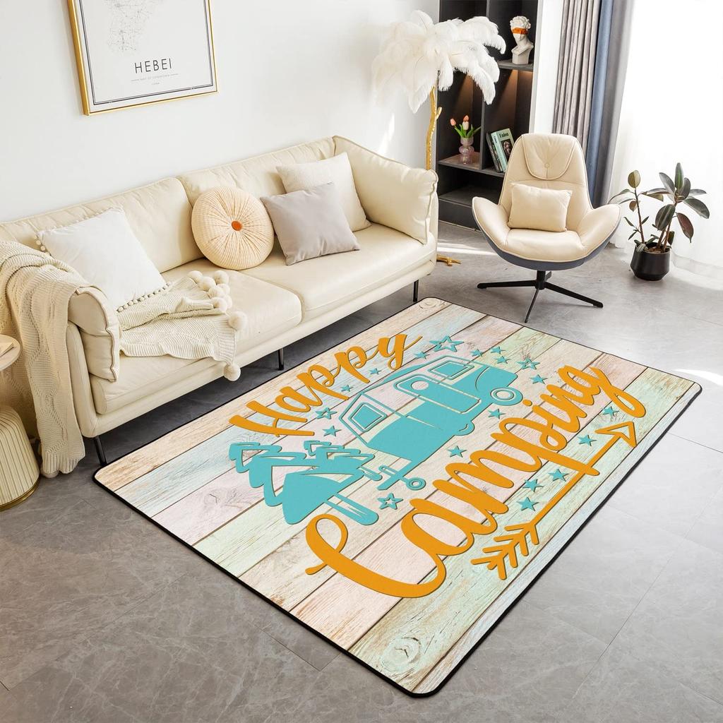 Happy Camping Living Room Rugs,Rv Car Area Rug,Vintage Farmhouse Style Non Slip Carpet, Camper Indoor Floor Mat for Travel Lover