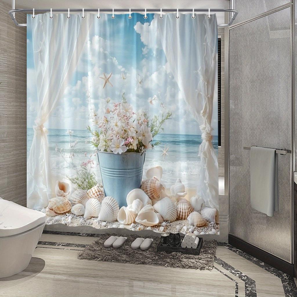 1pc Serene Beach Scene Shower Curtain - White & Pink Flowers, Metal Bucket, Seashells, Watercolor Style