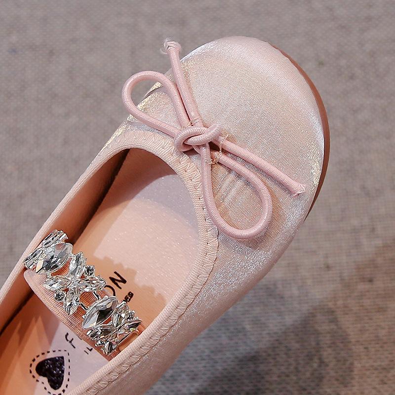 Girls Flat Shoes Round Toes Simple Bows Kids Leather Shoes Shiny Crystal 2025 Spring Autumn Girls Princess Shoes Soft Sole Ins