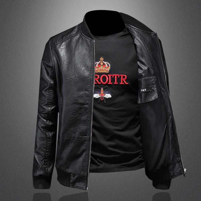 And New Style Mens Stand Collar Motorcycle Leather Jacket Suit Black Slim Fit Trendy Mens Leather Jacket 8096