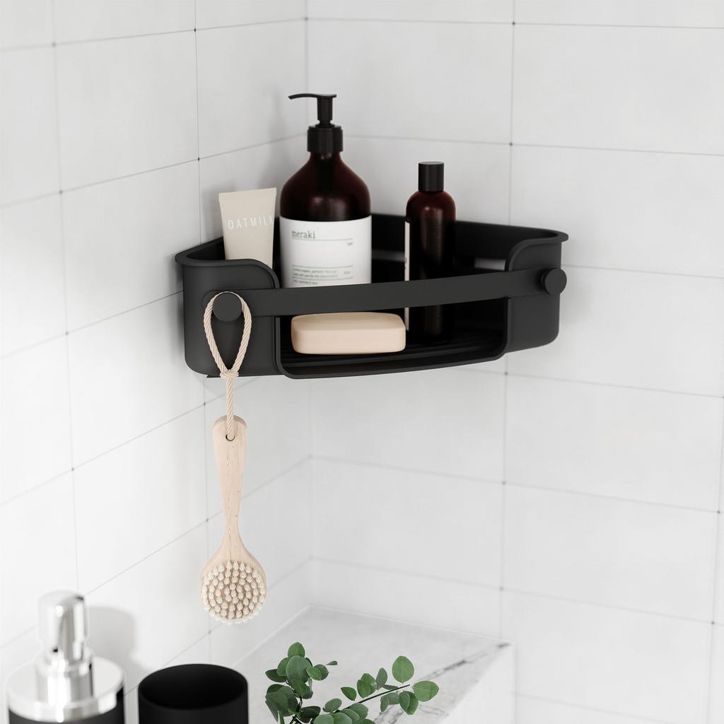 Umbra Bathroom Storage Flex Gellock Corner Bathroom Rack for and with Strong Suction Black Bin, Shampoo, Soap, Bottles, Sponges, Cups,
