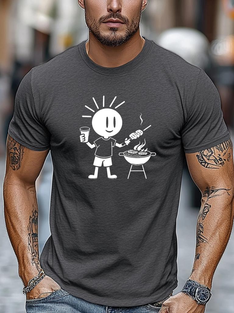Unisex Dark Heather Crew Neck Tee Stick Figure Barbecue Beer Grill Graphic Soft Short Sleeve Bbq Lover Daily Loose Male Tops