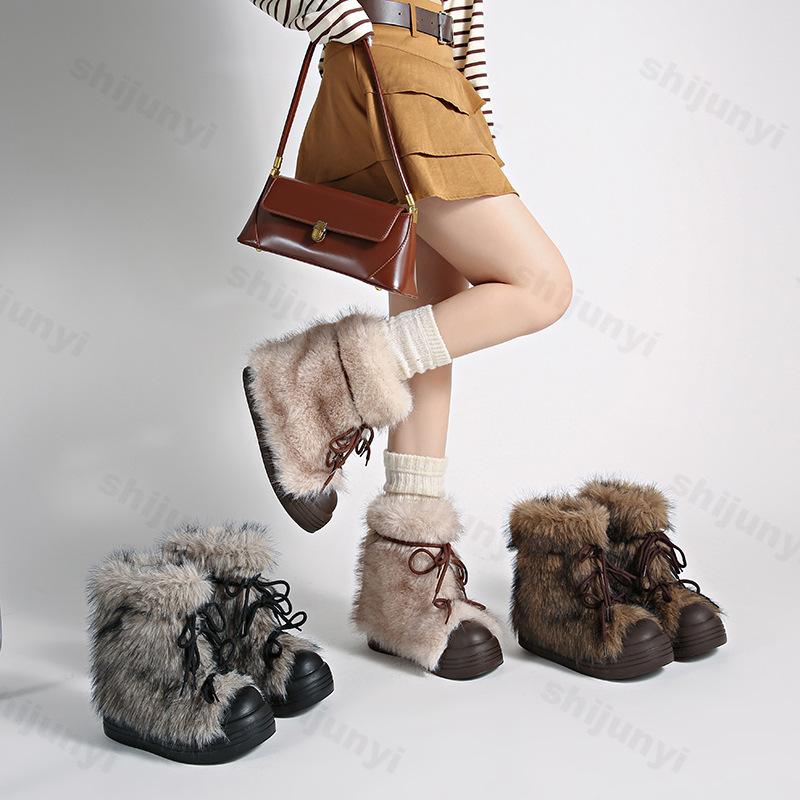 Stivaletti da Neve da Donna Invernali Pelliccia Designer Moda Corti Peluche Cotone Scarpe Retrò Pelosi Caldi Stringati Piattaforma Scarpe da Donna