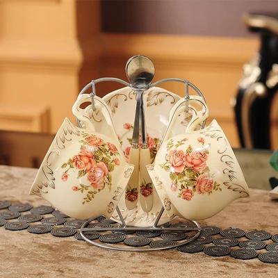 Rice Gold Rose Tea Set 800ml Bone China Teapot Coffee Cup Saucer Set Afternoon Tea Cup 225ml Drink Cup Kitchen Bar Supplies