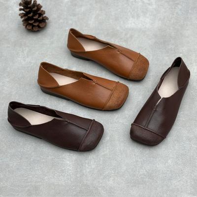 Sapatos Soltos de Couro Genuíno para Primavera e Verão Sapatos Baixos Artísticos de Bico Quadrado para Pessoas Preguiçosas Sapatos Femininos de Couro Macio