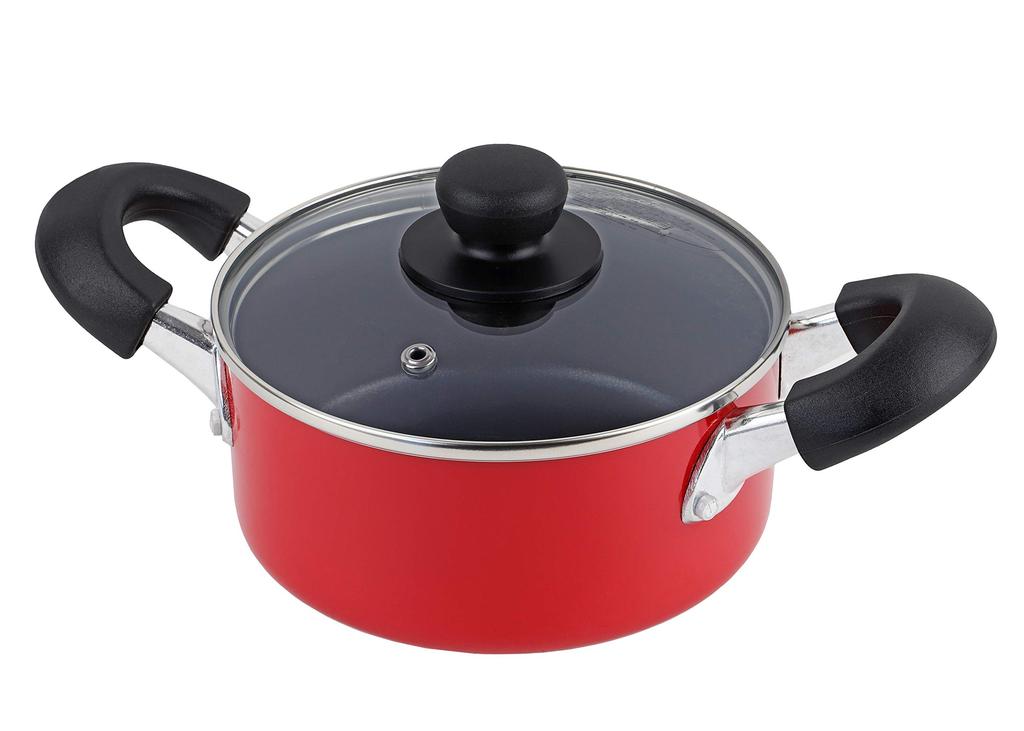 Pearl Metal 16cm Double-Handled Pot, IH Compatible, Non-stick Coating, with Glass Lid, Red, Just Size, HB-4400