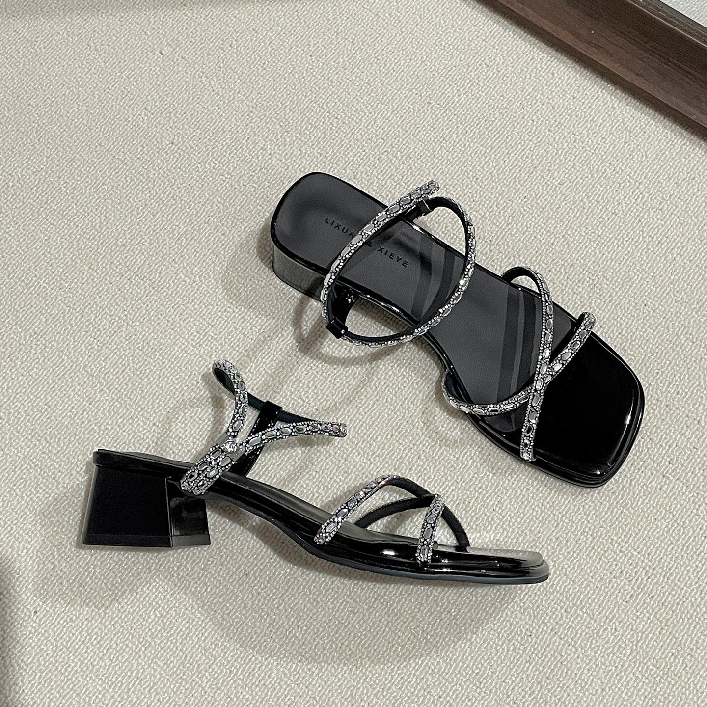 Premium thick high-heeled sandals season-increasing square head cool slippers 35