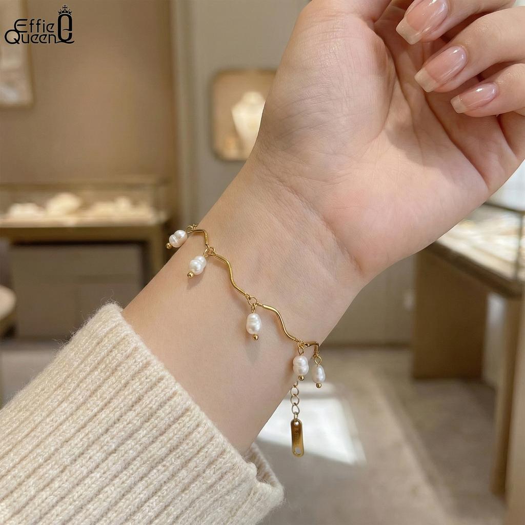 EFFIE QUEEN Stainless Steel 18k Gold Oval Shaped Freshwater Pearl Chain Bracelet Banquet Jewelry for Women Wedding Party STPB02