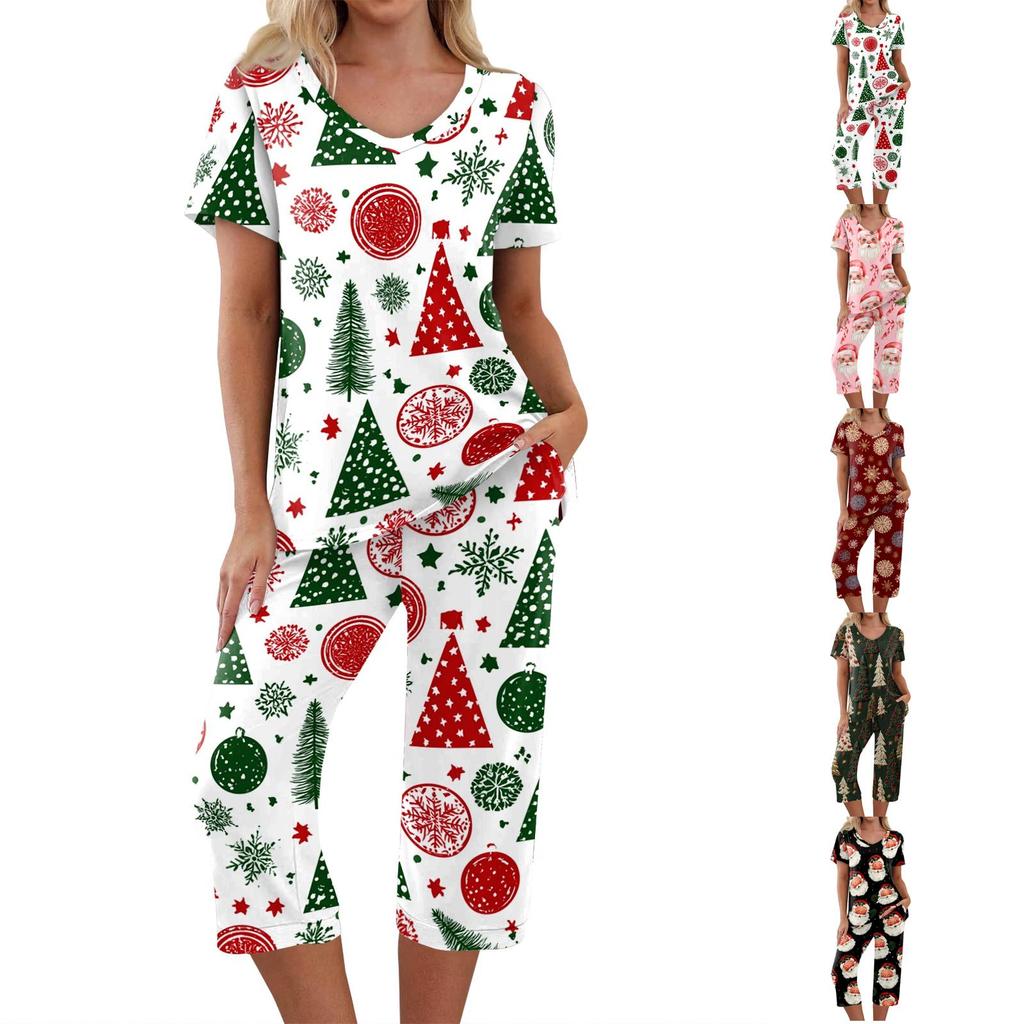 Damen Zweiteiler Outfit Set mit Weihnachtsdruck Kurzarm Oberteil und Hose