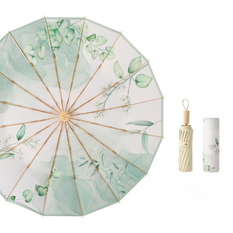 

Тройной складной зонт от солнца с деревянной ручкой, 16-костным золотым стержнем, защитой от непогоды и дождя, защитой от ультрафиолета, композитным цветным клеем