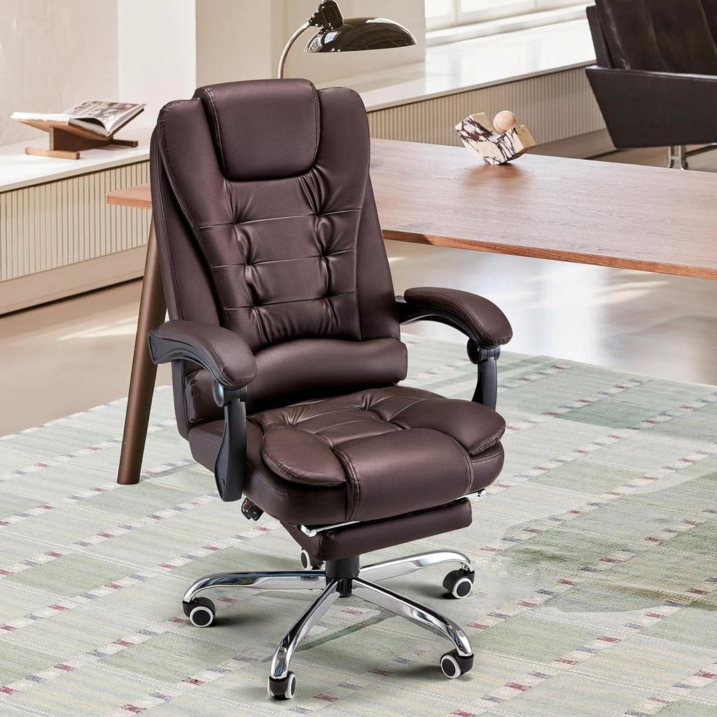 YODOLLA Ergonomic Office Chair with Adjustable Footrest - Reliable and Comfortable Executive PU Leather Chair - Swivel & Height Adjustable - Brown