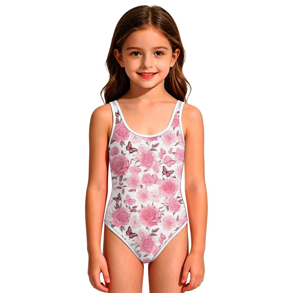 Girls One Piece Swimsuit Floral Print Round Neck Sleeveless Swimwear Suitable for Kids Comfortable Fit Lightweight Fabric