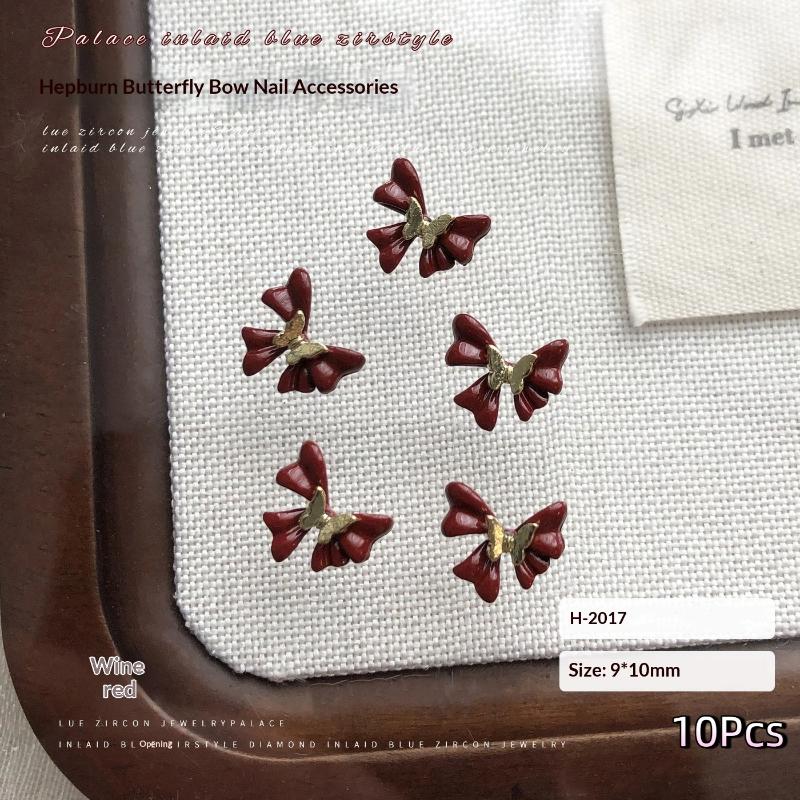 10Pcs Bowknot Nail Charms Metal Wine Red Black White Nail Rhinestone High Quality Stereoscopic Nail Decoration