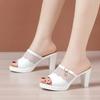8cm 10cm Small Size 32-43 Cutout Mesh Leather Slippers Women Platform Shoes 2025 Summer Block High Heels Slides for Office MOdel