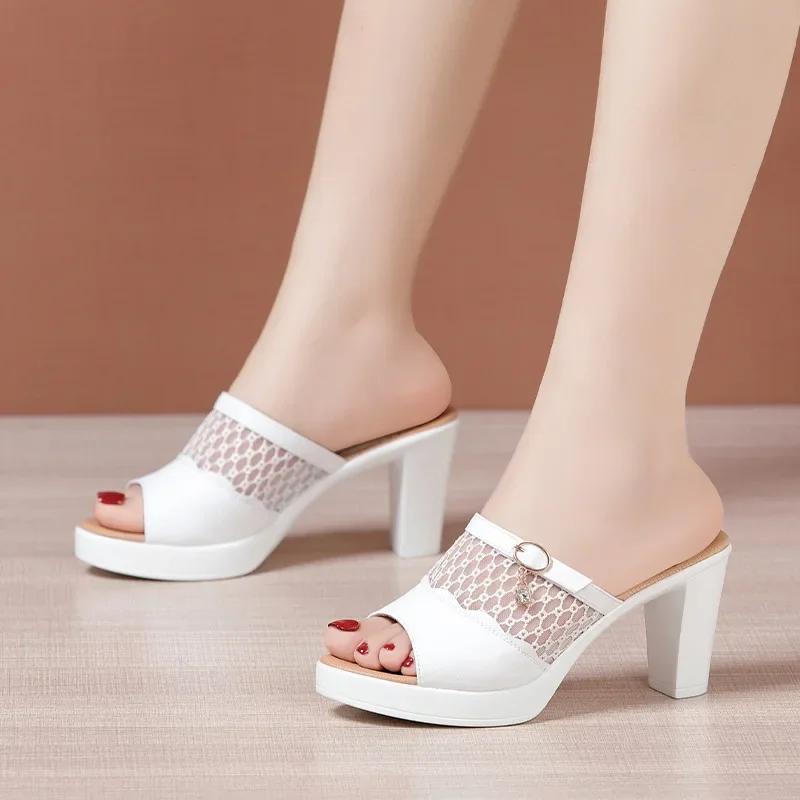 8cm 10cm Small Size 32-43 Cutout Mesh Leather Slippers Women Platform Shoes 2025 Summer Block High Heels Slides for Office MOdel