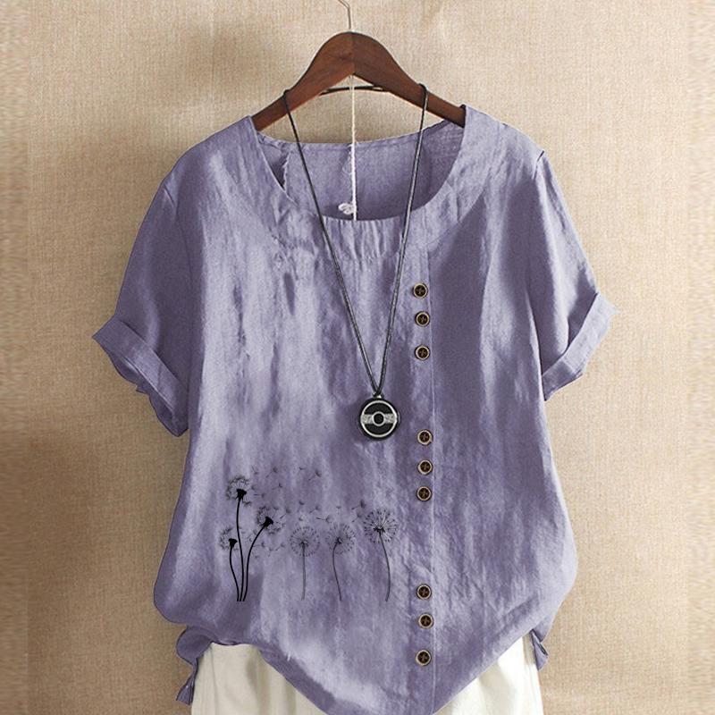 Damska Moda Czarny T-shirt z Krótkim Rękawem z Nadrukiem Mniszka Lekarskiego Luźna Bawełniana Koszulka Casualowa Luźna Bluzka Letnia Top Plus Size