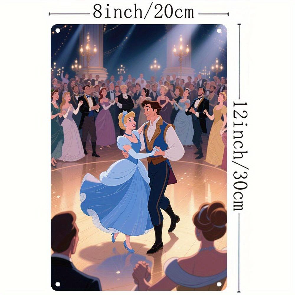 2D Flat - 1pc, Disney Cinderella Metal Wall Art - 8x12 Inch Colorful Iron Decor with Dancing Couple, Perfect for Home, Office, C