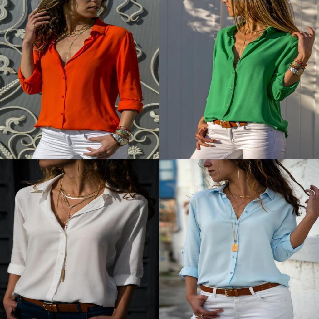 Womens Long Sleeve V Neck Button Chiffon Blouse With Cotton Polyester For Office Casual Wear