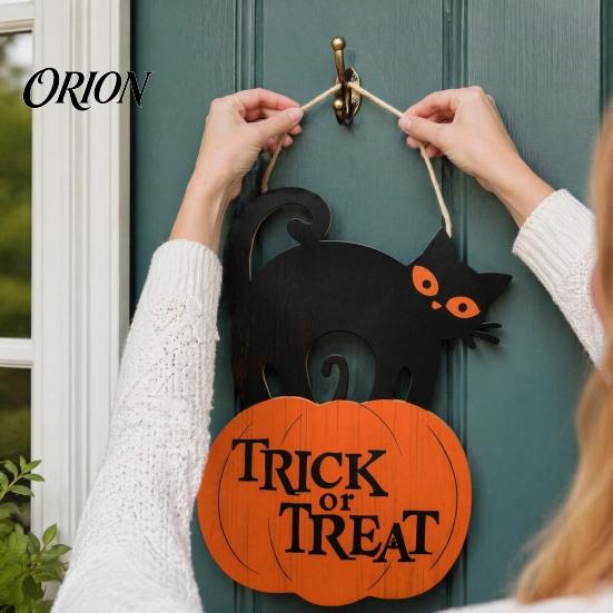 Festive Gift for Friends Halloween Wooden Door Sign, Black Cat And Pumpkin Plaque, Rustic Hanging Decoration Porch Farmhouse Wall Decor Holiday Party