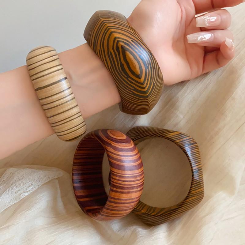 Wooden Geometric Statement Bracelet Women Vintage Texture Boho Chic Chunky Cuff Bangle Fashion Accessory