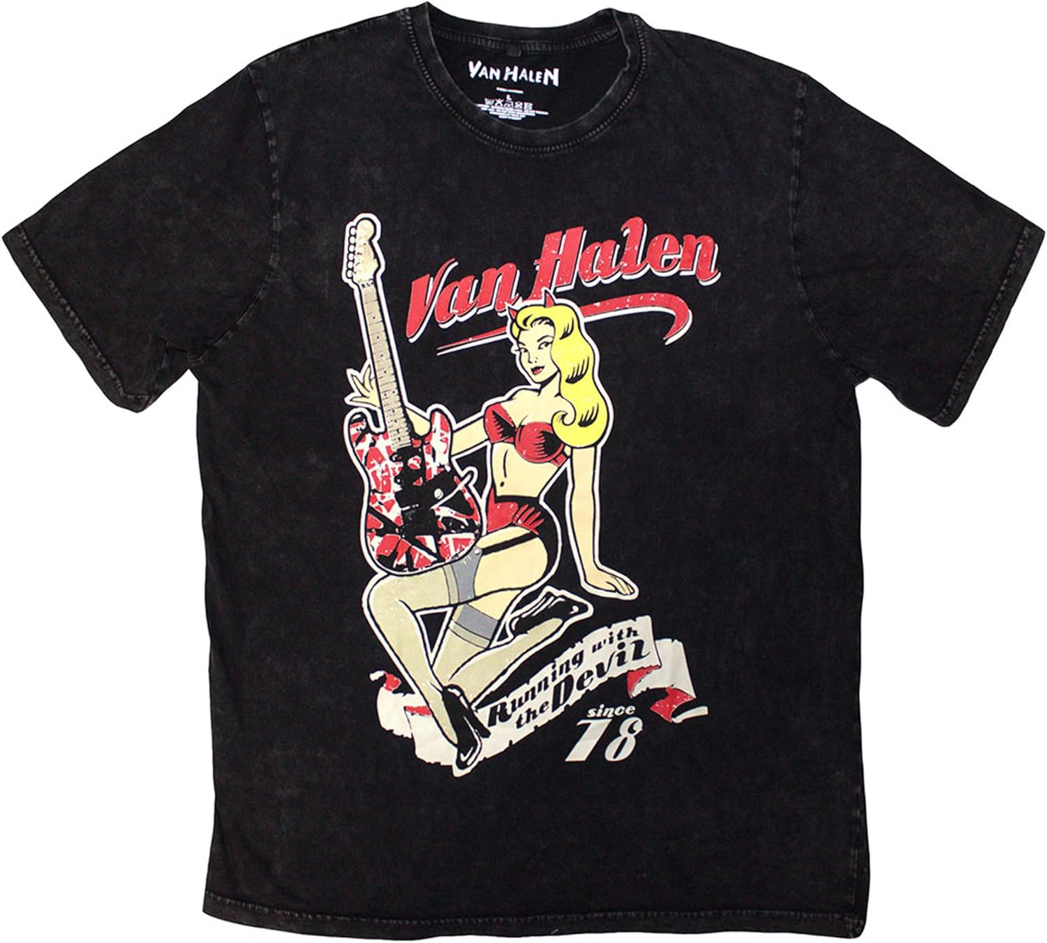 Men s Van Halen Running with The Devil Stone Wash T-Shirt Black S