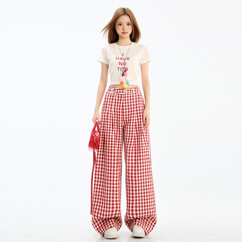 

Женские красные клетчатые брюки с высокой талией и широкими штанинами - Повседневные брюки на весну/лето Medium