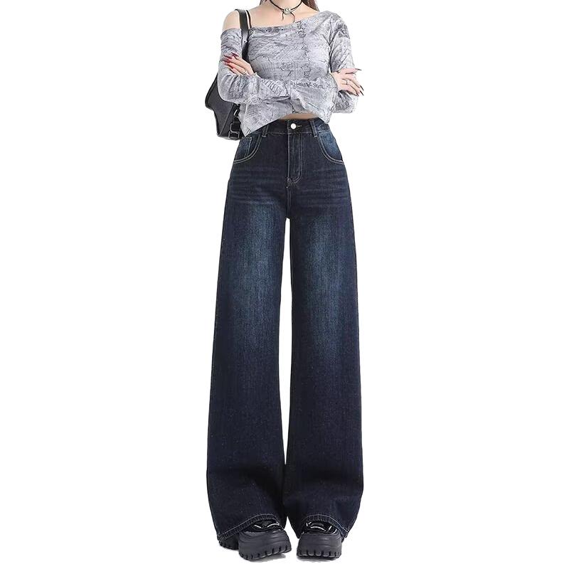 Women's Black-Grey High-Waisted Loose Fit 2025 Autumn Wide-Leg Slimming Drape Straight-Leg Floor-Length Jeans