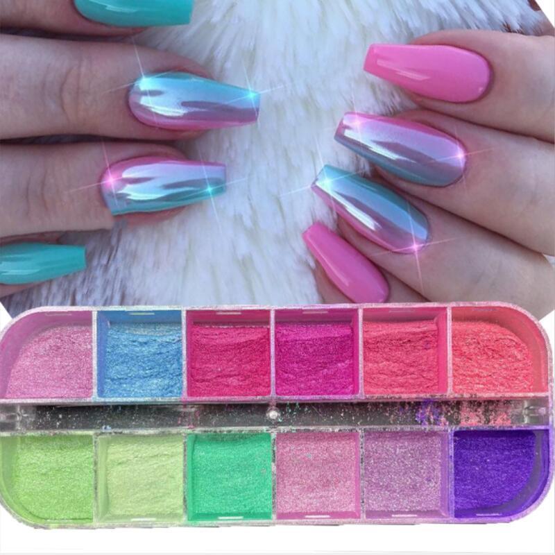 12 Grids/Box Nail Glitter Colorful Mirror Effect Shimmer Mermaid Pearl Powder Chrome Pigment Dust Fine Glitter Polish Nail Decor