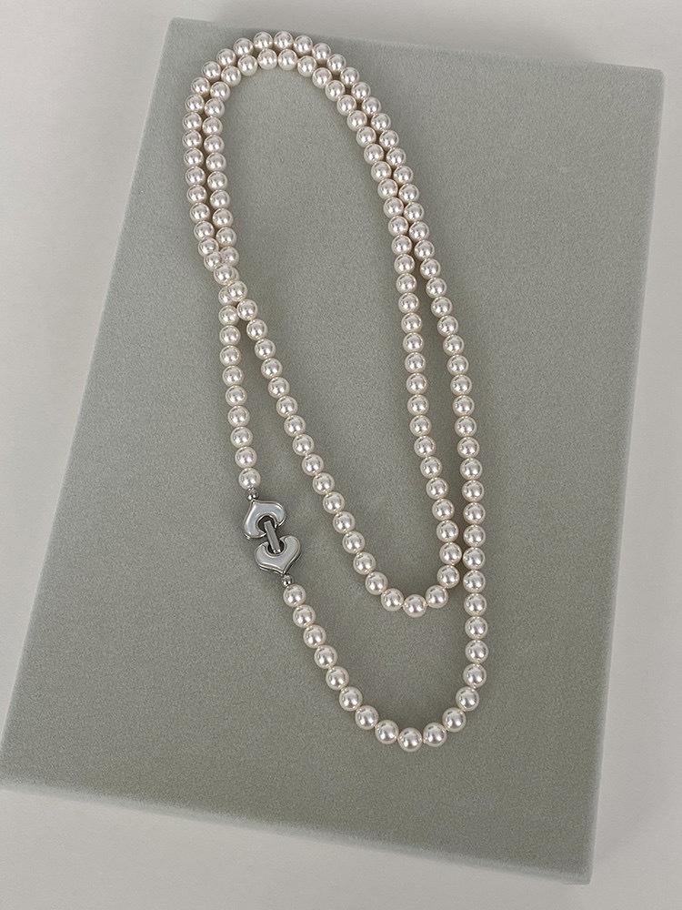 Shell Love Ring Buckle Design Shijia Pearl Necklace Temperament Is Round And Strong Light Imitation Pearl Long Sweater Chain