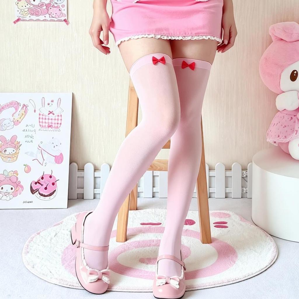 Damen Pinke Over-the-Knee Strümpfe mit Schleifen - Halloween Cosplay Kostüm Zubehör