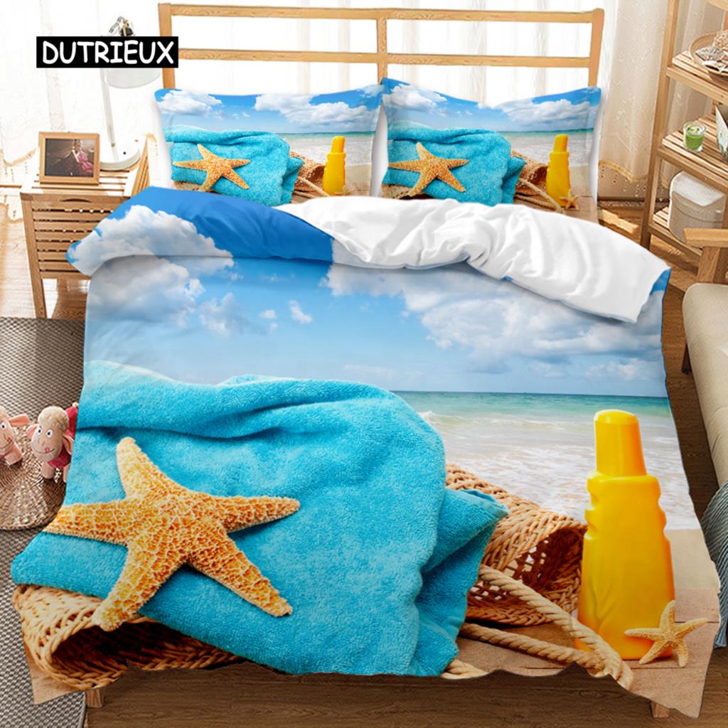 Beach Duvet Cover Set Summer Ocean Bedding Set Hawaiian Marine Sea Waves 3D Print Starfish Polyester Comforter Cover Queen King