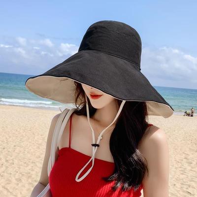 New Style Enlarged Brim Fisherman Hat for Women In Summer, Korean Version, Versatile Sun Protection Sun Hat with Rope, Polyester Face-covering Sun Hat