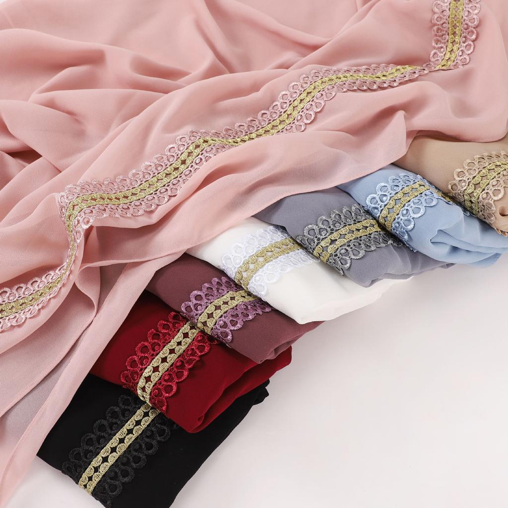 Colored Lace Pearl Bubble Chiffon Hijabs For Women Shawl Scarf High Quality Beads Headband Wrap Foulard Muslim Hijab Turban